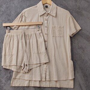Salante Two-Piece Linen Set Shorts & Button Shirt Beige Size S